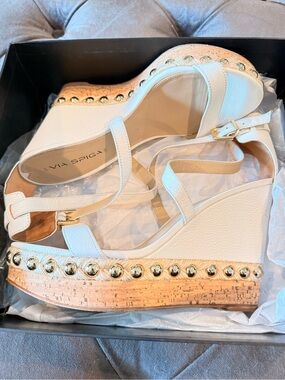 Via Spiga White Leather Wedge Sandals with Gold Studs
